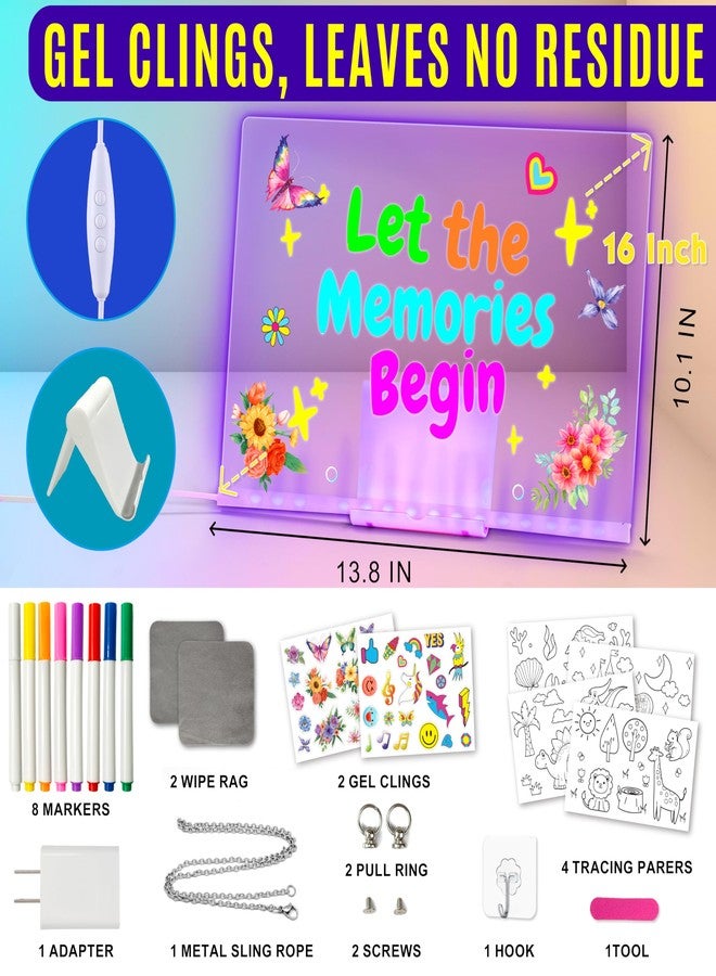AGENTLAN LED Drawing Board, 13.8"X10", Acrylic Note Board with Colors, Include Adapter, Acrylic Dry Erase Pad with Light 4 Modes & 7 Colors, 8 Markers, Stand, Hanging Chain, 2 Gel Clings, Holiday Gift - Image 2